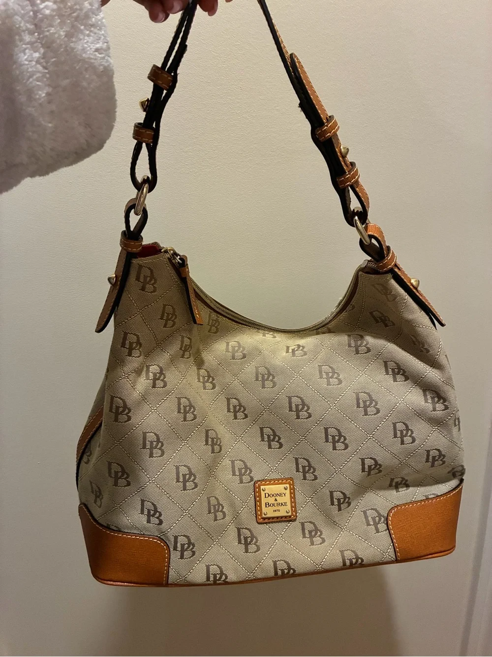 Dooney & Bourke Tan Logo Quilted Hobo with Cognac Trim Purse